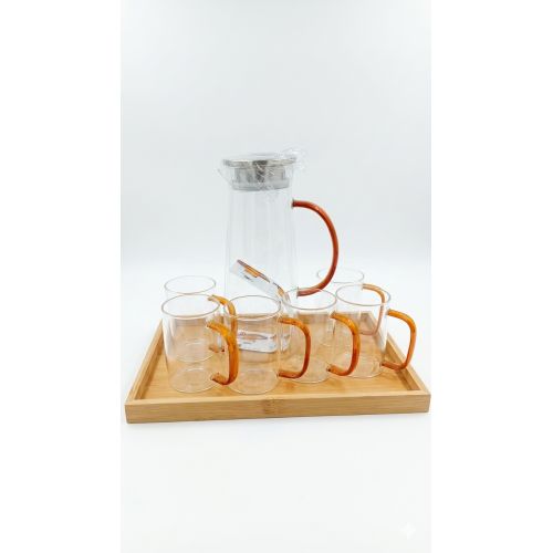 Beautiful Glass Pitcher Set with Wooden Tray for Hot-Cold Water